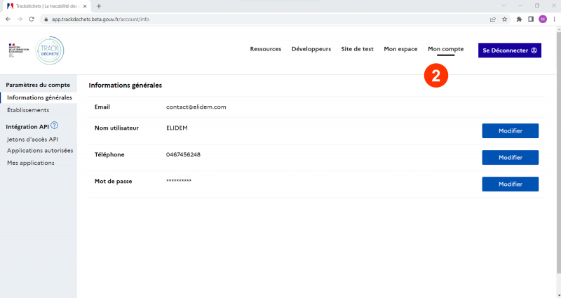 Elidem - Trackdechets 2. Mon compte